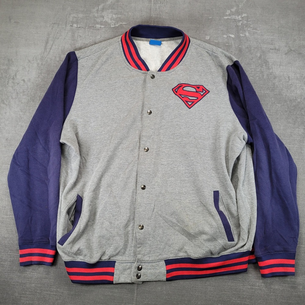 Superman Varsity Jacket Gray Blue Red Logo Snap Button Kids Size‎ 14